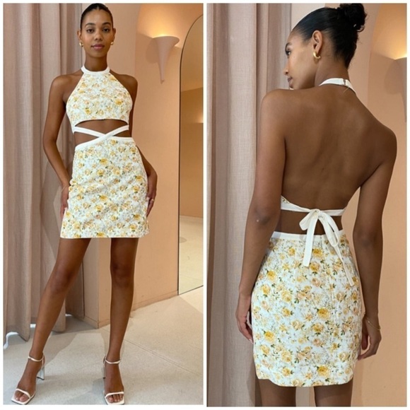 New Significant Other Ari Dress Rosalie Print Yellow Ditsy Floral Waist Cut Out - Picture 4 of 16